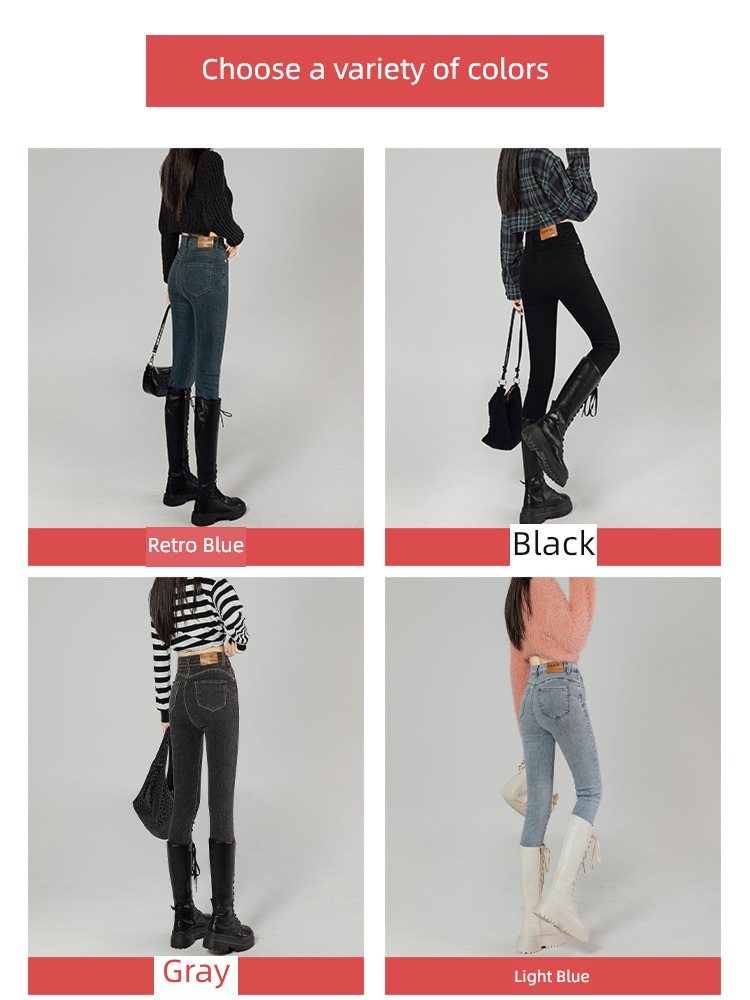 High waist spring and autumn new pattern Plush thickening Nine points Jeans