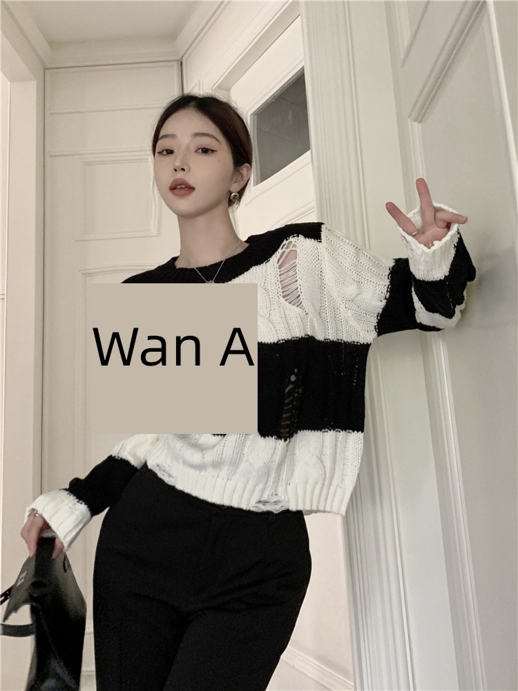 black and white stripe Exposed navel sexy smock Hemp flowers sweater
