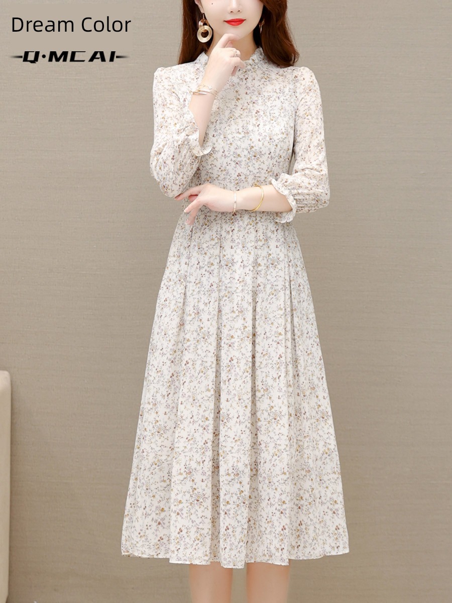 French Spring High waist mom Long sleeve Chiffon Dress