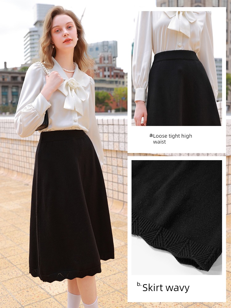 Tricolor Autumn and winter black Elastic waist A word Knitted skirt