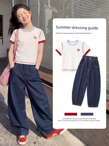 Girls' Summer Outfit 2026 New Short-Sleeve Children's Summer Stylish Clothes for Girls, Big Kids' Trendy Jeans