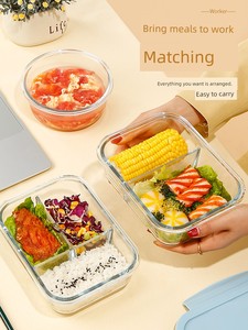 Xilekou Microwave Oven Heating Bowl with Lunch Box Divider, Suitable for Students and Office Workers, Glass Food Storage