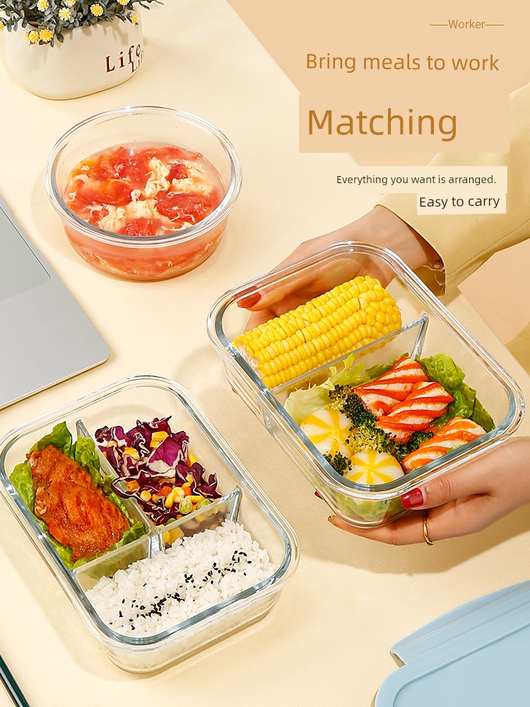 Xilekou Microwave Oven Heating Bowl with Lunch Box Divider, Suitable for Students and Office Workers, Glass Food Storage Container