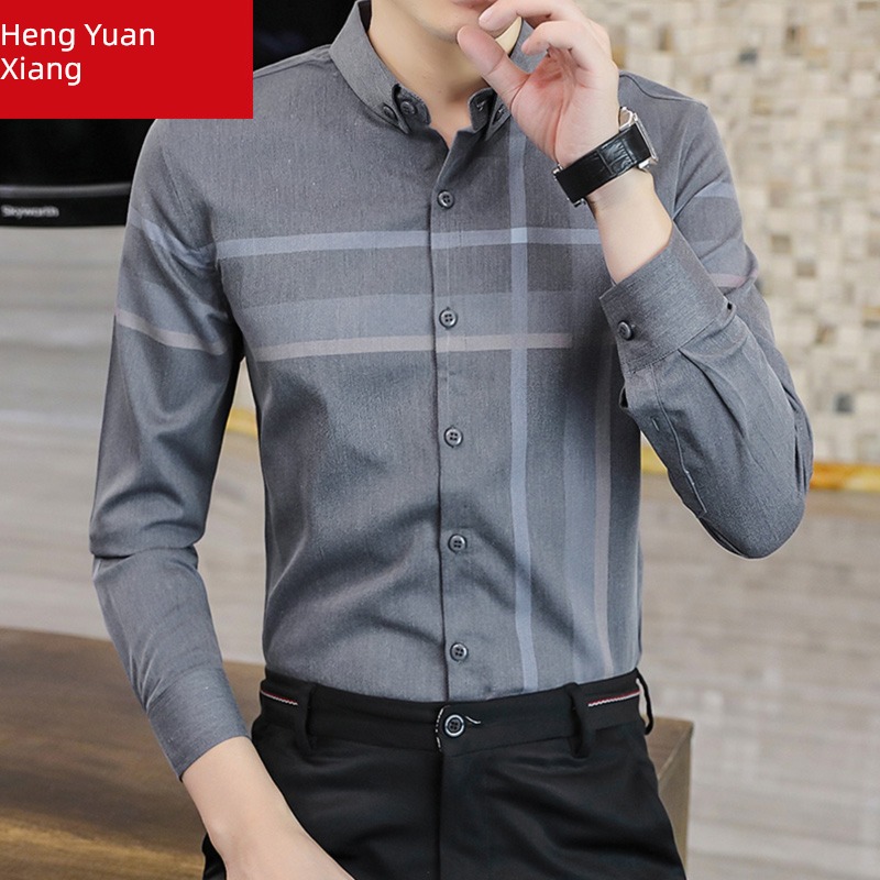 hyz  Long sleeve Ice silk lattice leisure time business affairs shirt
