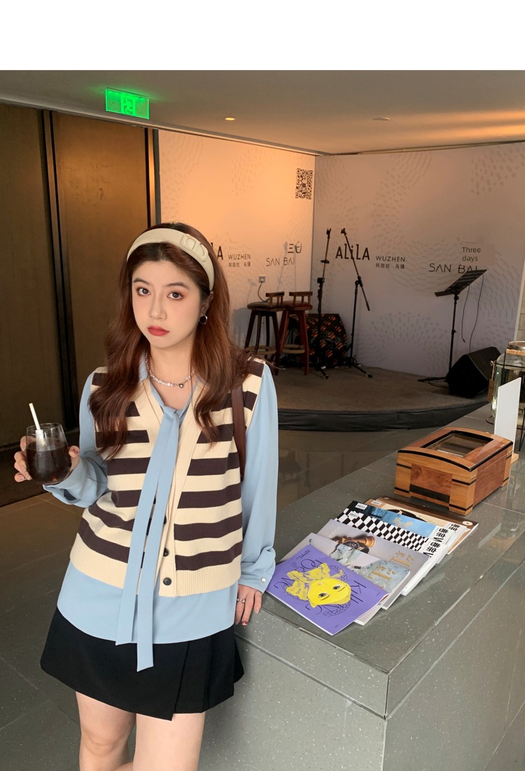 Li xiaosa Fat mm Long sleeve temperament Sagging sensation Ribbon shirt