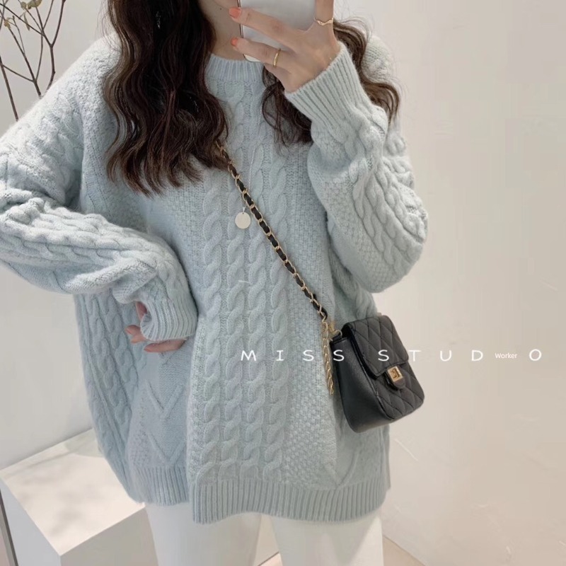 Simple and versatile Hemp flowers soft milk blue Wear out Sweater