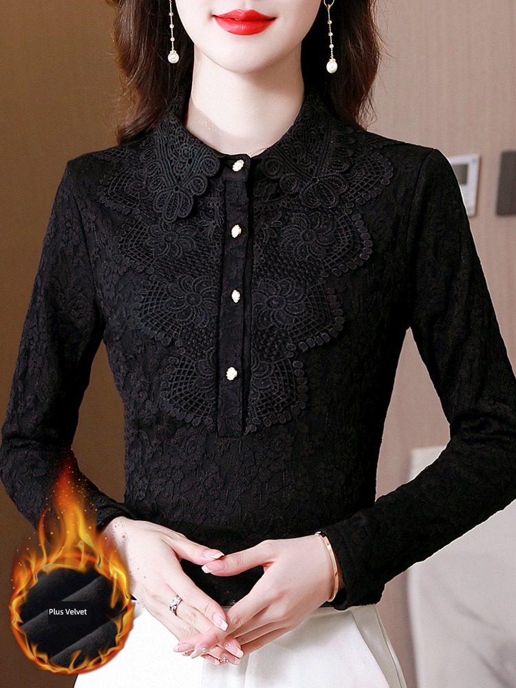 black Lace Undershirt ma'am Autumn and winter 2022 fashionable Foreign style Small shirt Inner lap Plush Long sleeve T-shirt jacket