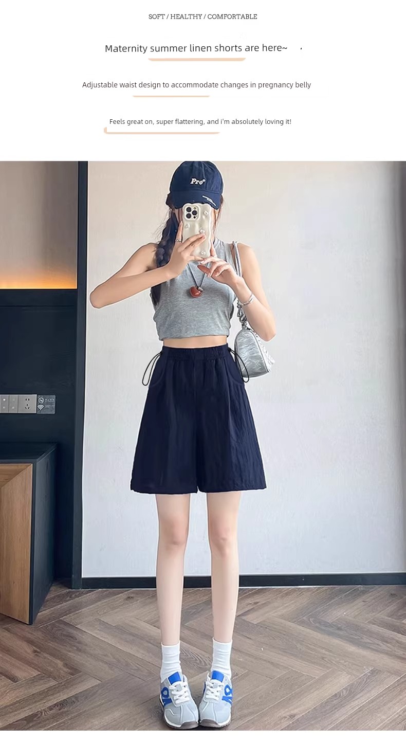 Maternity Shorts for Summer, Thin Style for Outerwear, 2026 New Model, Linen Wide-Leg Pants, Non-Tightening on the Belly during Pregnancy, Summer Wear — 2