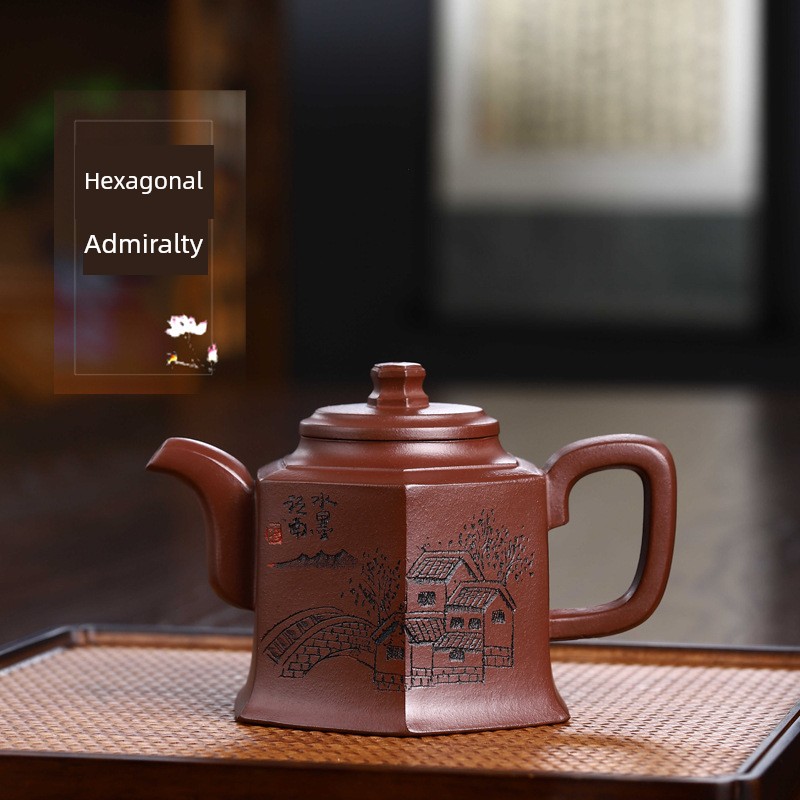Handmade Yixing Purple Clay Teapot, 260ml, 10-Hole Spout, Hexagonal Design, Original Mineral Material, Medium-Sized Teapot, Gift Box Tea Set