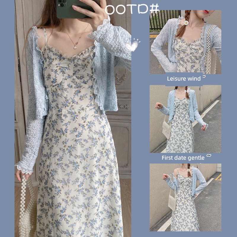 French Chiffon Show thin blue Cardigan Broken flower Dress