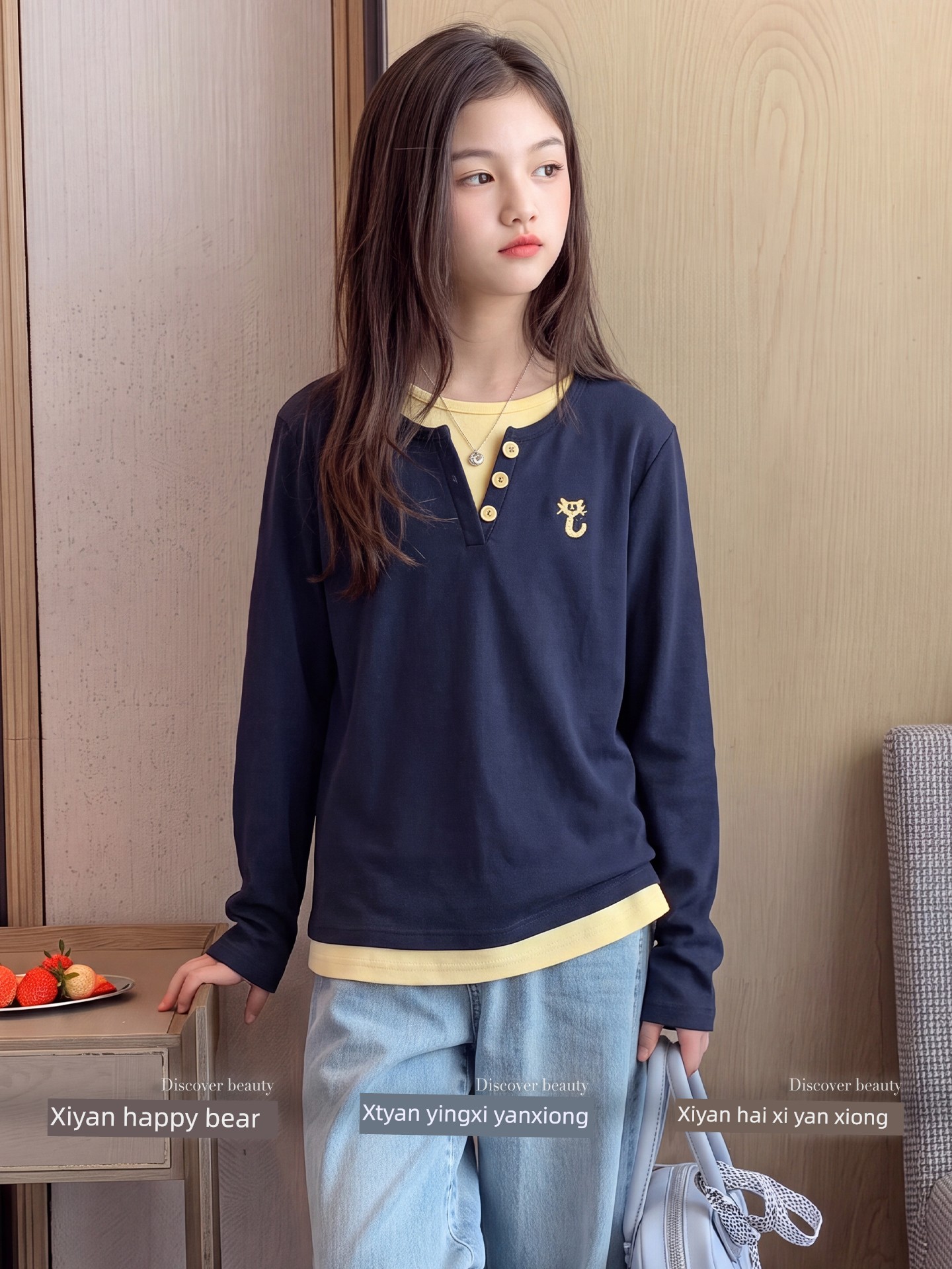 Girls' Long-Sleeve T-Shirt Autumn Outfit Henley Collar Top for Older Girls Autumn Base Shirt Faux Two-Piece Spring and Autumn Style Children's Wear — 7