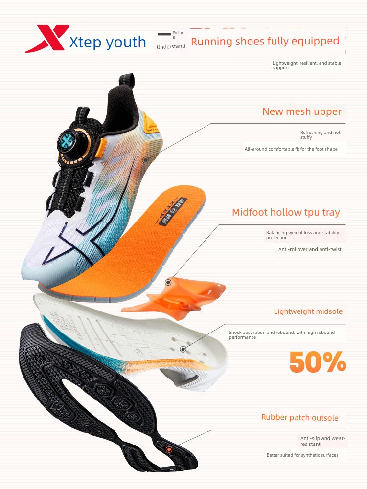 【Duterium Wind】Xtep Children's Shoes Boys' Sports Shoes Kids' Shoes Youth Physical Examination Training Shoes Running Shoes