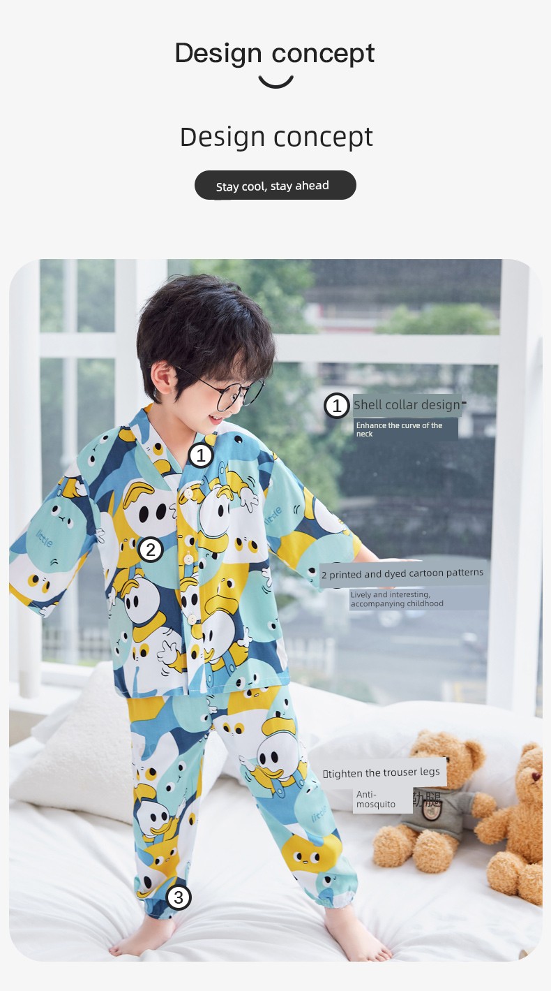 Summer Thin Cotton Silk Pajamas for Children, Three-Quarter Sleeve Home Wear Set, Simple Style for Baby Boys and Girls, Suitable for Older Children — 4