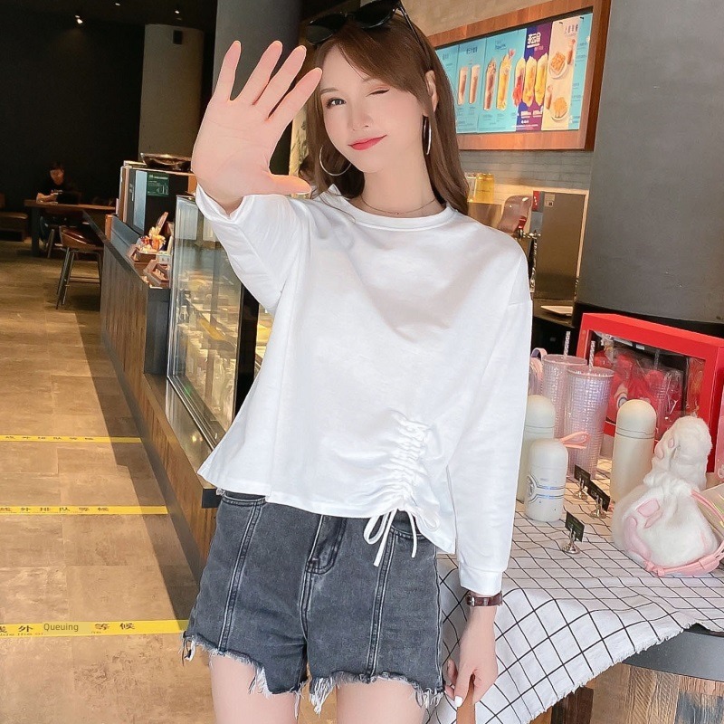 Xianyafu easy spring and autumn Solid color Show thin Long sleeve T-shirt