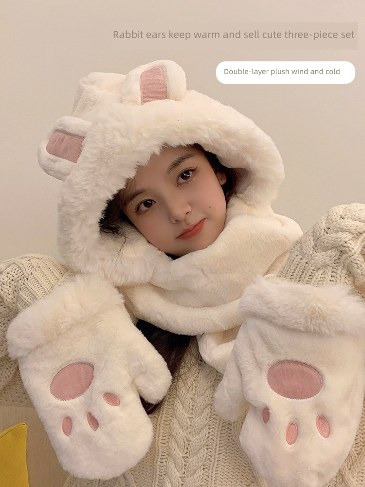 Hat scarf glove one female Autumn and winter rabbit Ears Bear Three piece set lovely Plush Neckline Lei Feng hat