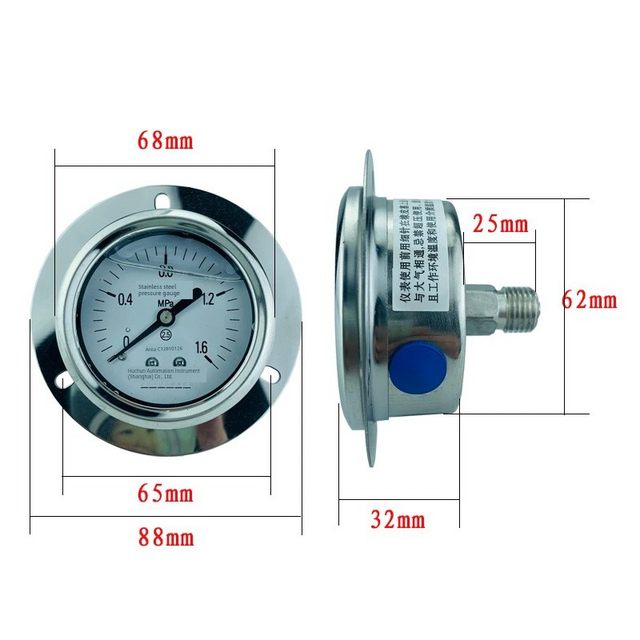 304 stainless steel shock-resistant pressure gauge YN60BFZT axial gas pressure gauge water pressure gauge oil pressure gauge hydraulic pressure gauge steam
