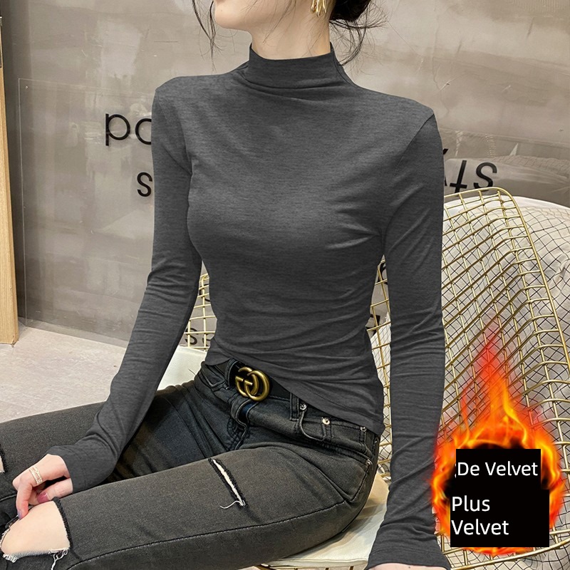Half high collar Undershirt female two-sided Derong Long sleeve T-shirt 2022 Autumn and winter new Plush keep warm Inner lap Foreign style jacket