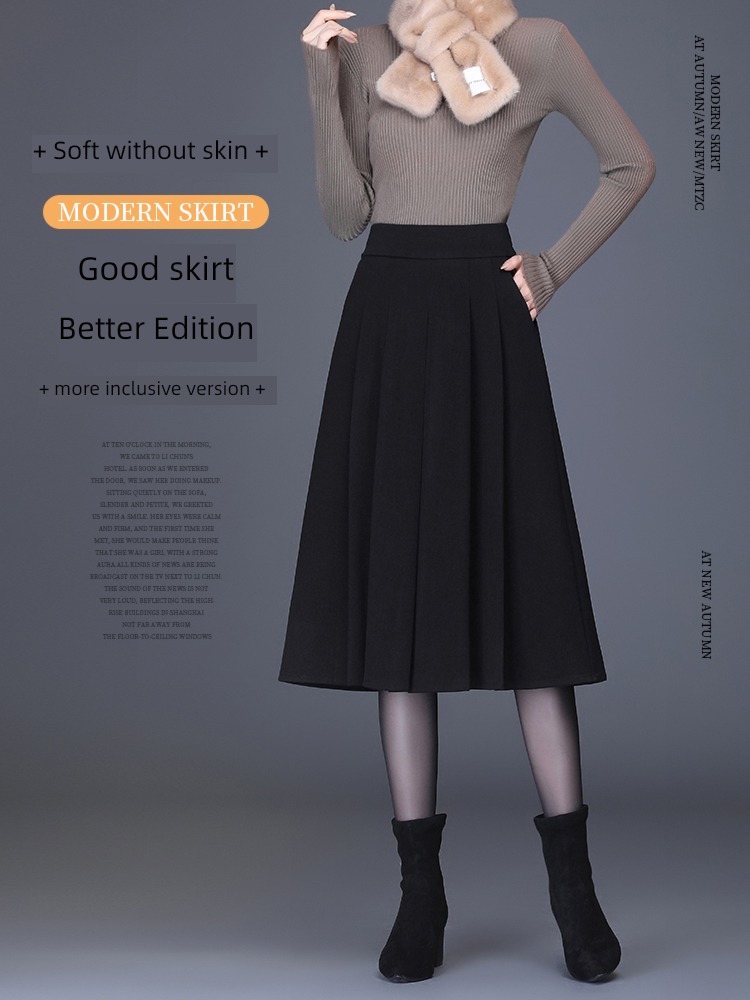black Wool Autumn and winter With pocket temperament skirt