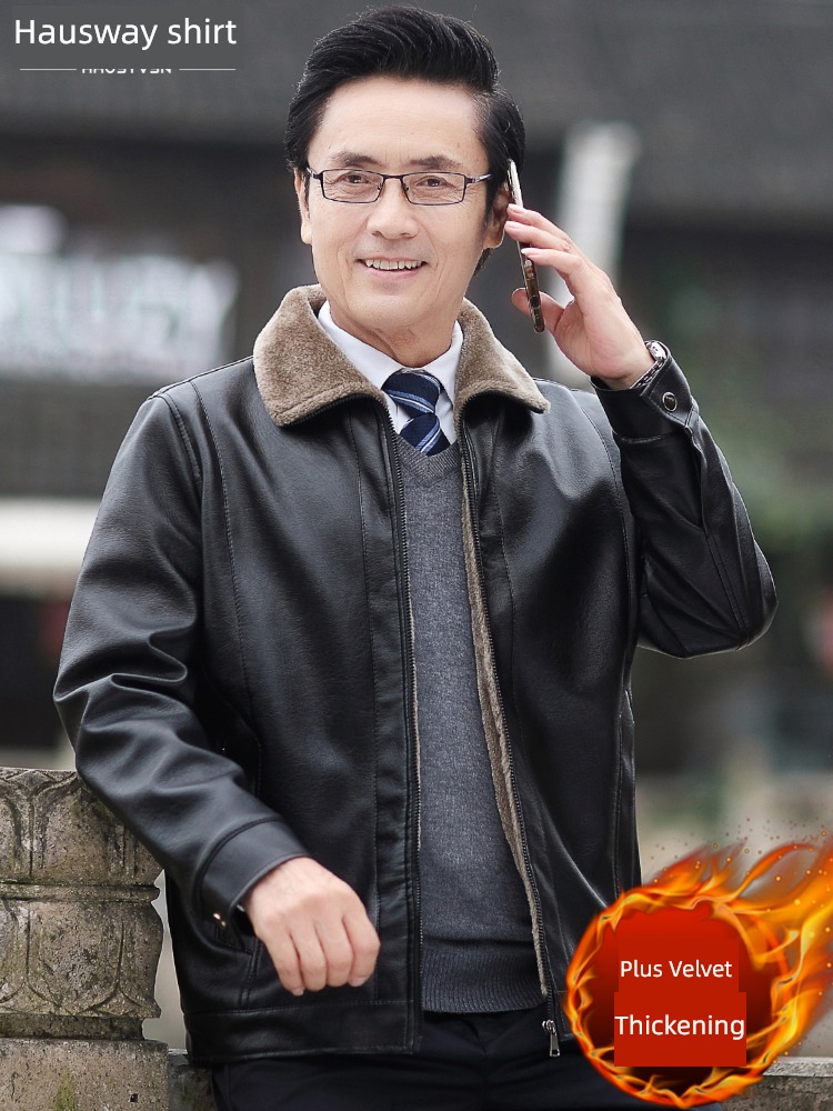 Autumn and winter Plush thickening keep warm Middle aged man leather clothing