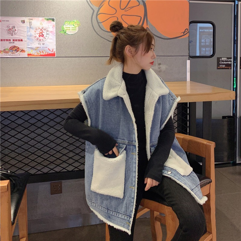 Retro Lamb hair student Plush thickening cowboy Vest