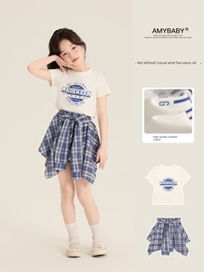 Amybaby Girls' Suit Summer 2026 New Style Round Neck Letter t Irregular Design Plaid Skirt