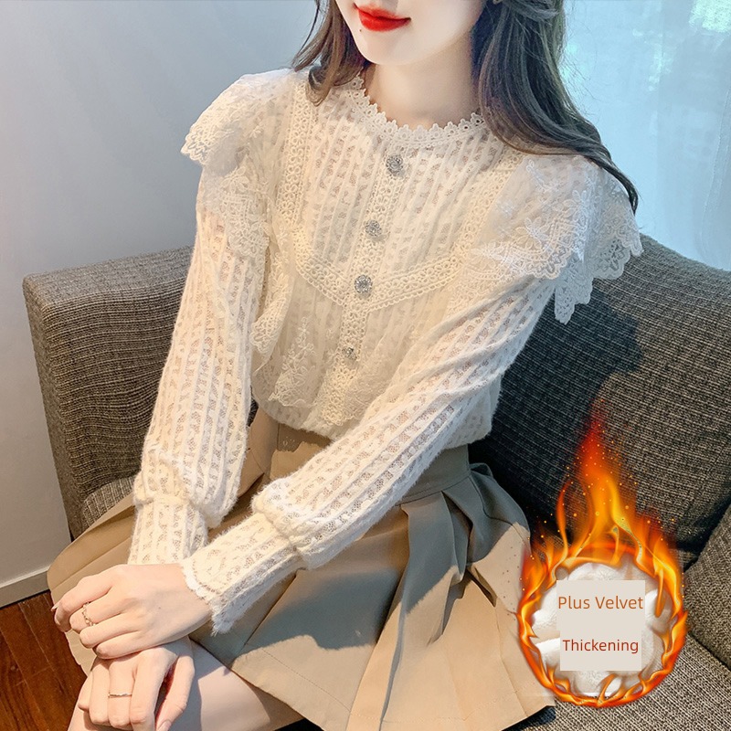 Plush thickening Sanding Lace Undershirt female 2022 Autumn and winter new pattern Chaoxian Well done! Small shirt Inner lap Foreign style jacket