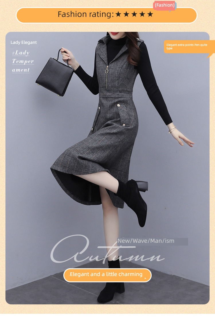Autumn and winter Wool lattice Close your waist Show thin Dress suit