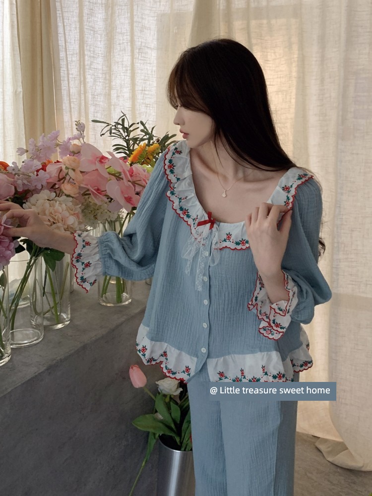Zhao Lusi Same female pure cotton lace Embroidery pajamas