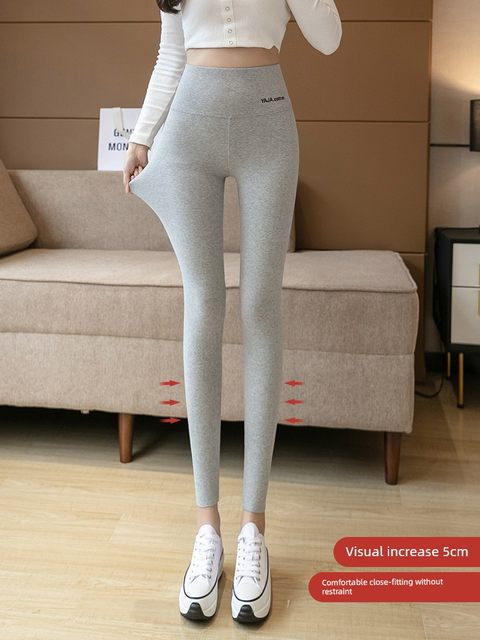 Leggings for women wearing spring and autumn thin large size gray cotton high waist tight slim autumn pants for nine-point feet trousers