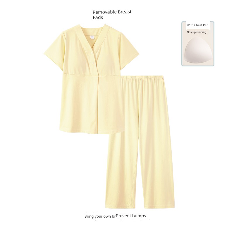 Postpartum Clothing, Summer Pure Cotton Thin Style, Sweat-Absorbent, Postpartum, with Breast Pads, Maternity Pajamas, Short-Sleeved, Breastfeeding — 2