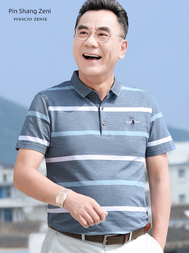 Middle aged and elderly Short sleeve breathable Color contrast stripe leisure time summer wear