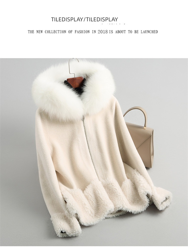 Granular fleece Lamb hair loose coat female Sheep shearing short coat Fox velvet Fur collar Hooded jacket Cashmere leather and fur overcoat