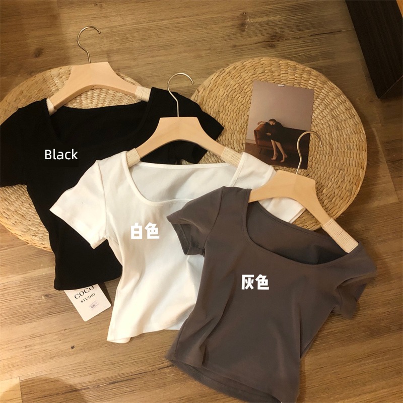 clavicle Solid color Self-cultivation T-shirt female Versatile Spring and summer Short sleeve