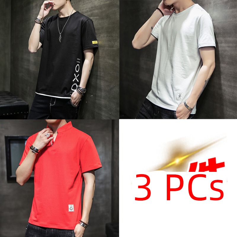 man Solid color stand collar Chaopai Undershirt Short sleeve T-shirt