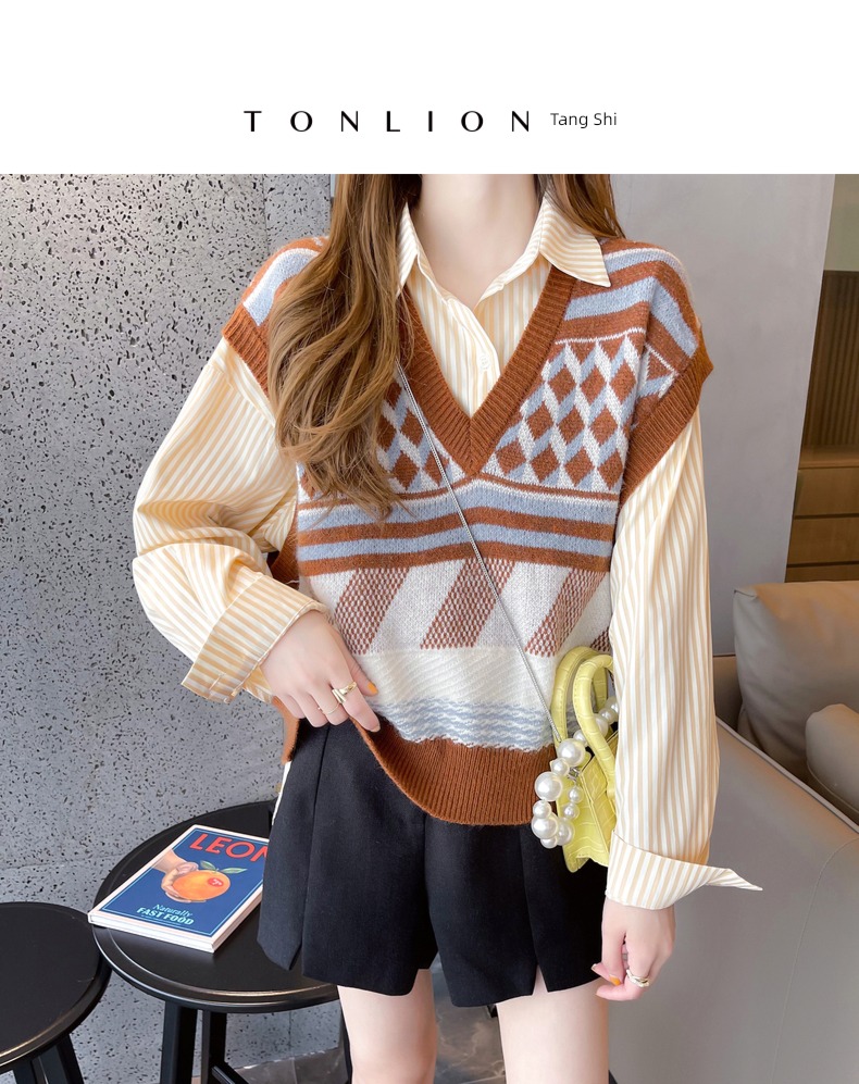 Tang Shi Retro diamond Check pattern V-neck knitting vest
