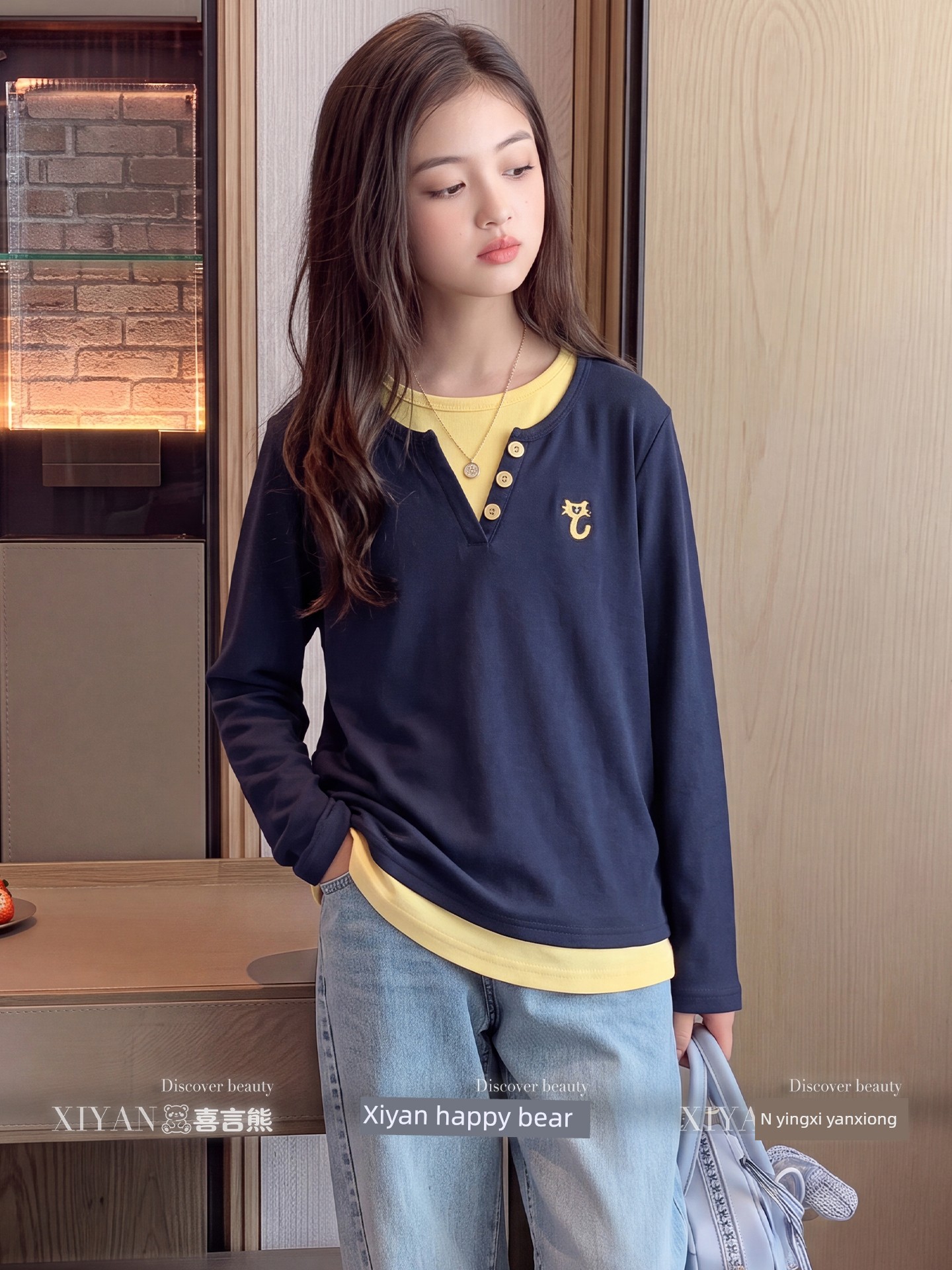 Girls' Long-Sleeve T-Shirt Autumn Outfit Henley Collar Top for Older Girls Autumn Base Shirt Faux Two-Piece Spring and Autumn Style Children's Wear — 3