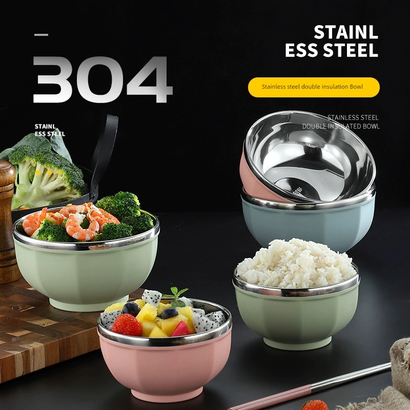 時尚韓式304不鏽鋼雙層隔熱碗帶蓋寶寶防摔彩色兒童米飯碗成人家用 (6.6折)