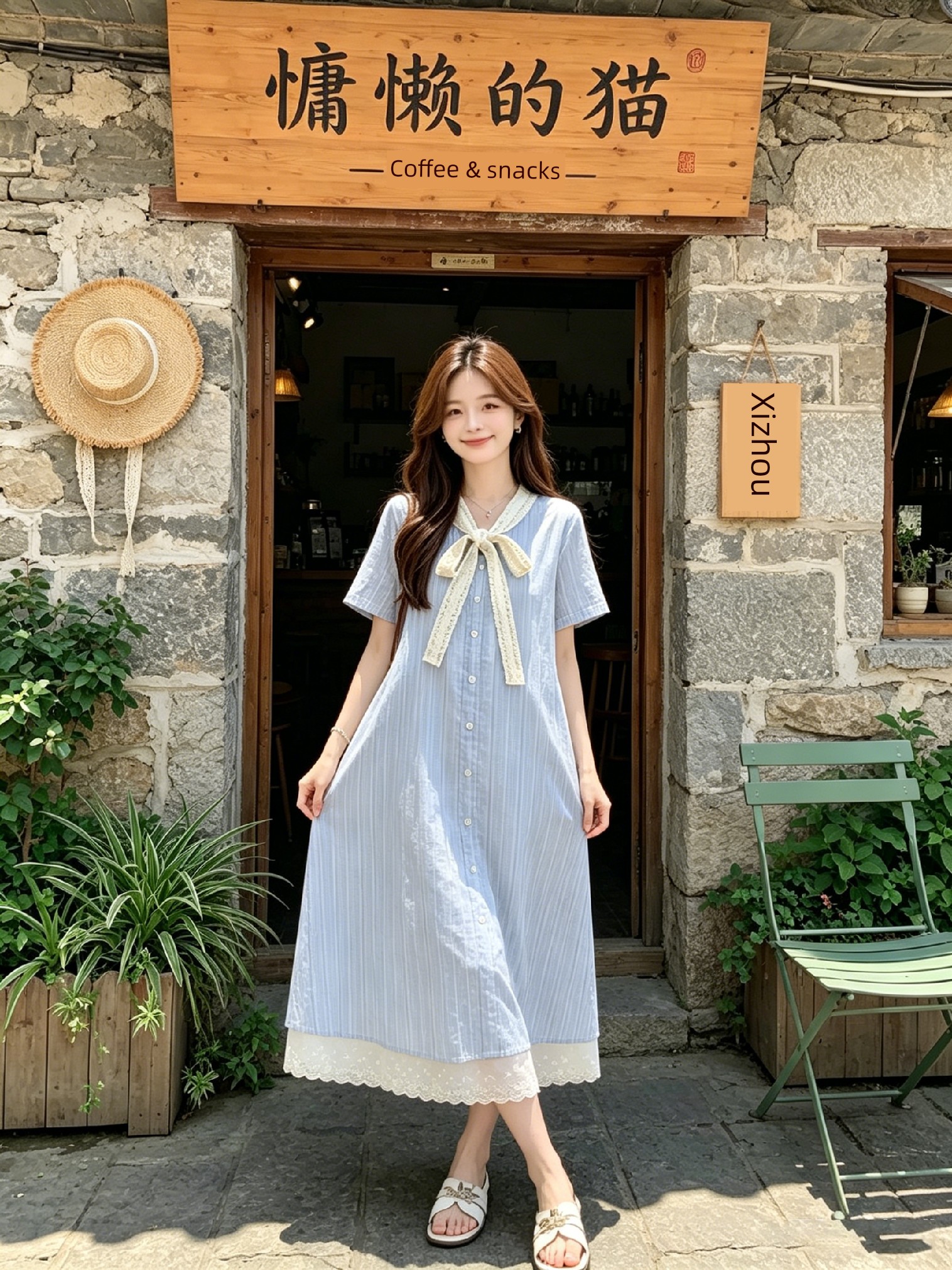 Maternity Dress Summer Thin Style 2026 New Blue Sweet Lace Splicing Short-Sleeved A-Line Dress Mid-Length for Women — 7