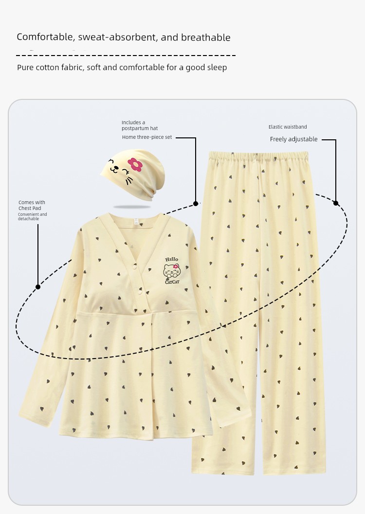 Anna Mommy's Pure Cotton Maternity Pajamas with Hat, Spring and Autumn Style, Nursing Sleepwear, Autumn and Winter Loungewear Set — 12