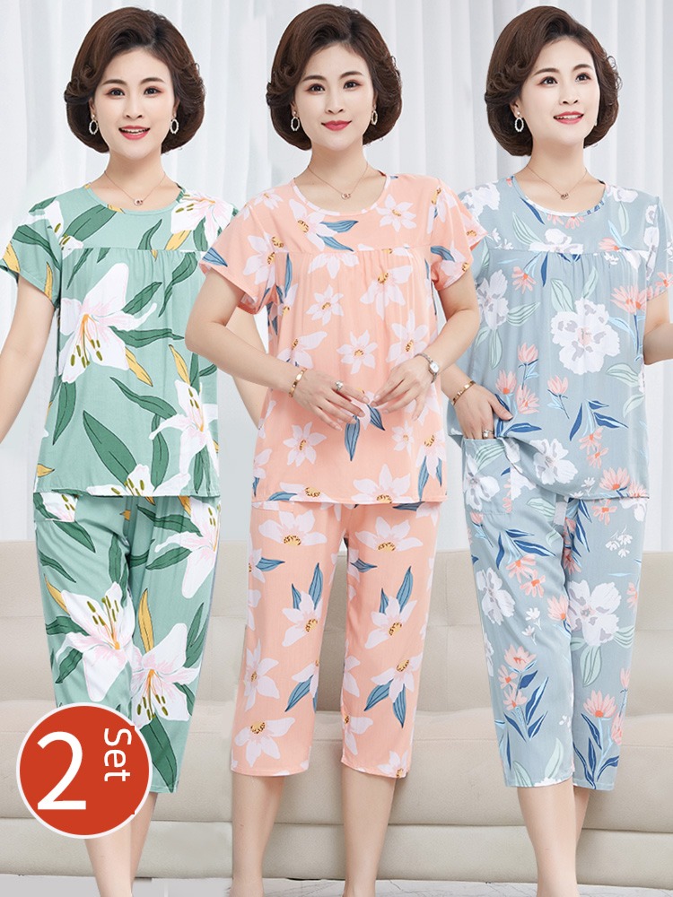 poplin  Middle aged and old people Plus Size womanishly fussy pajamas