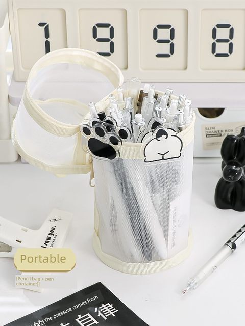 Mesh cylinder pencil bag pen holder stationery bag 2025 new student dual-purpose pencil bag large capacity multi-function transparent can enter the examination room for the college entrance examination special storage bag for three-dimensional simple handheld trumpet