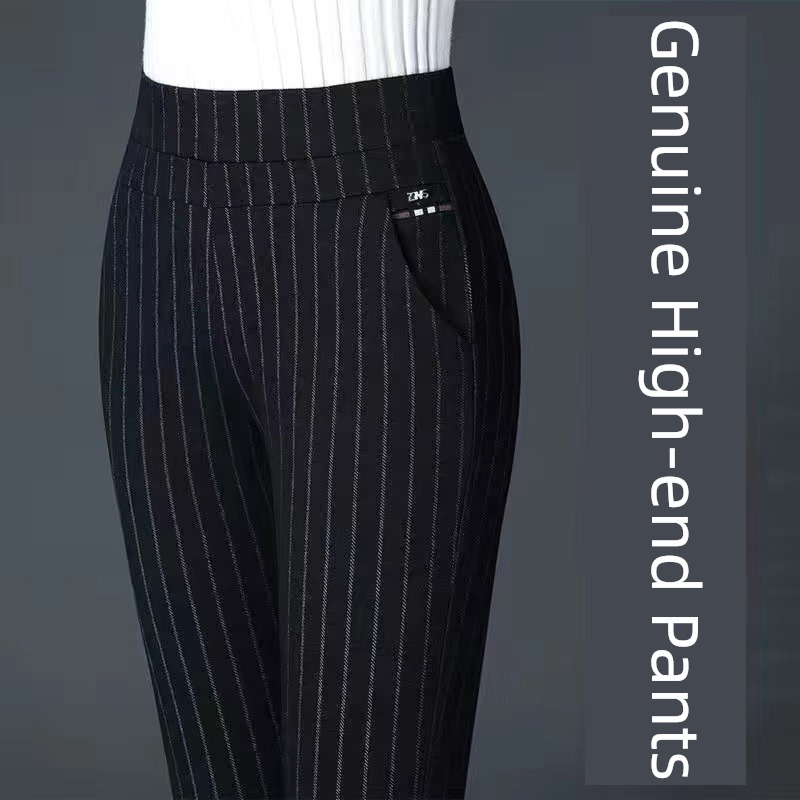 Tightness High waist elastic force stripe Show thin Straight cylinder Casual pants