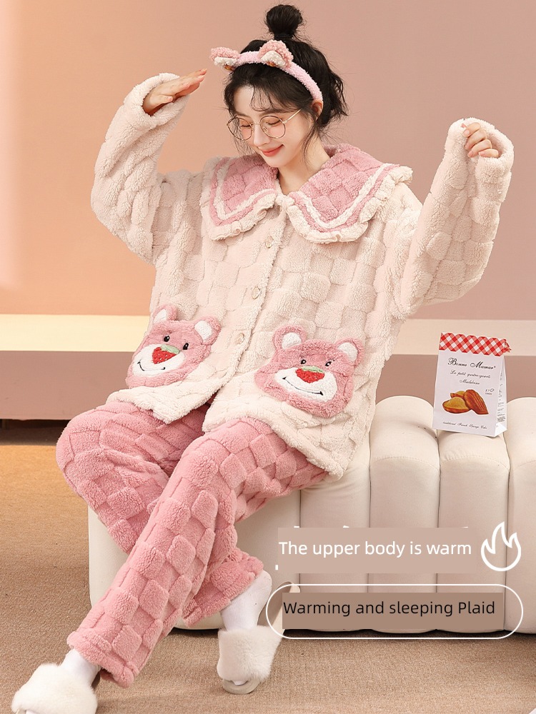 female Strawberry bear Long sleeve thickening Flannel winter pajamas