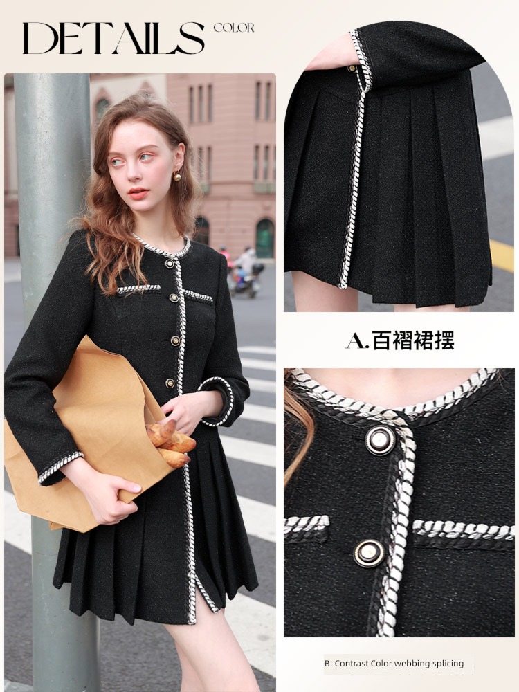 Tricolor Autumn and winter Little fragrance Long sleeve black Dress