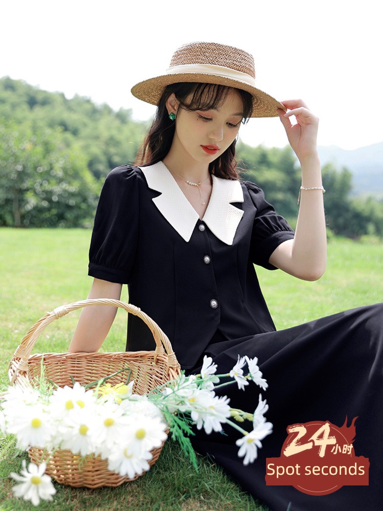 Blue language Big size Women's wear Fat mm A lady of temperament Short sleeve jacket Two piece set 2023 summer Show thin A word skirt