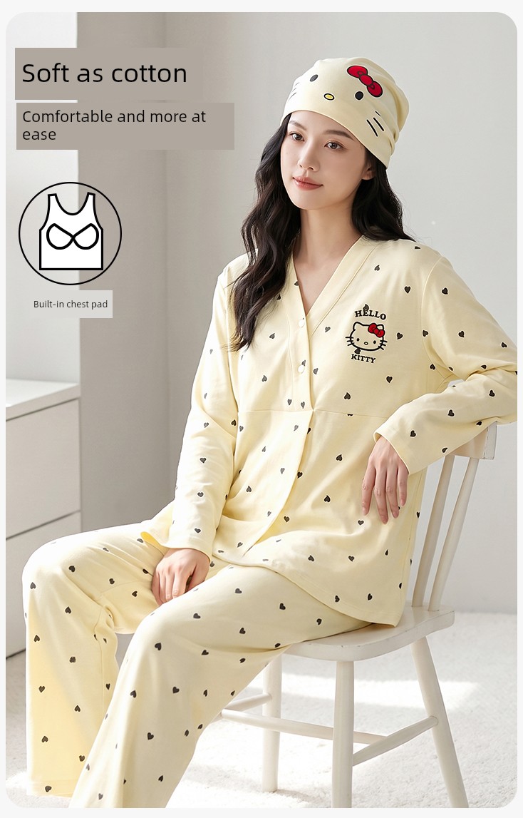 Anna Mommy's Pure Cotton Maternity Pajamas with Hat, Spring and Autumn Style, Nursing Sleepwear, Autumn and Winter Loungewear Set — 1