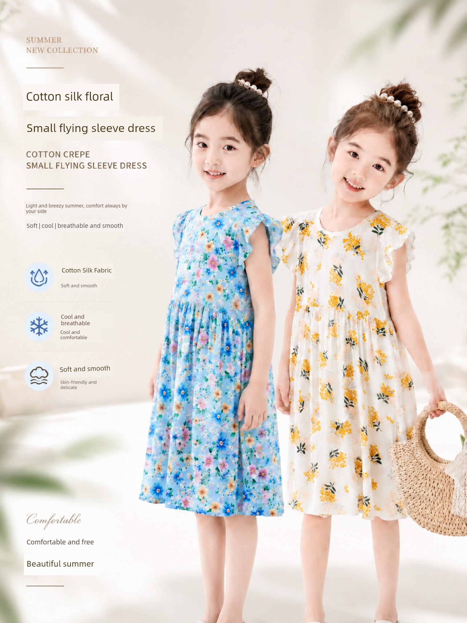 Summer Flying Sleeve Floral Children's Noil Poplin Dress — 4