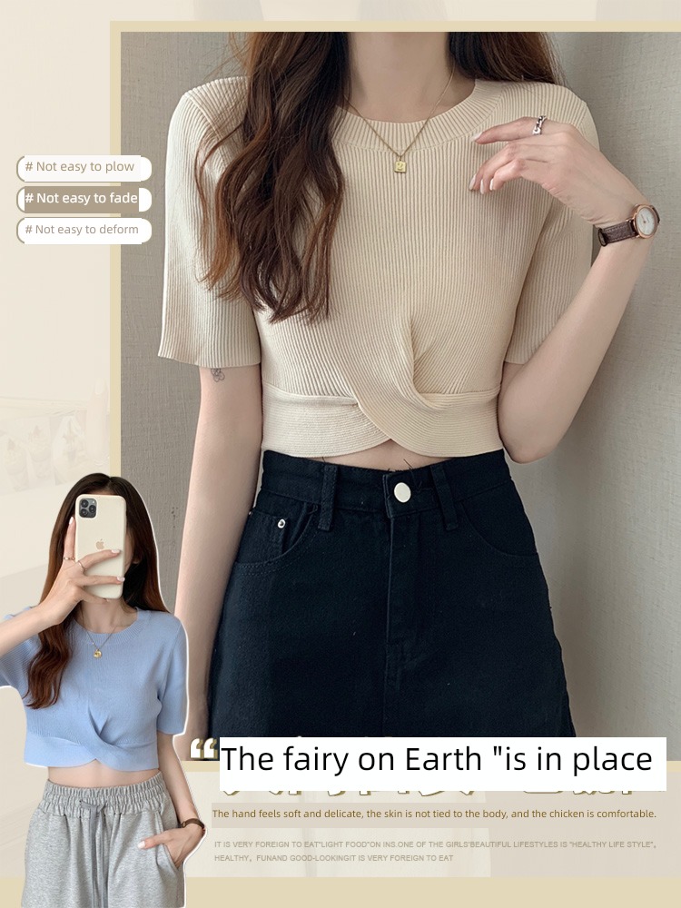 Wear out Round neck Condom knitting Exposed navel jacket Short sleeve