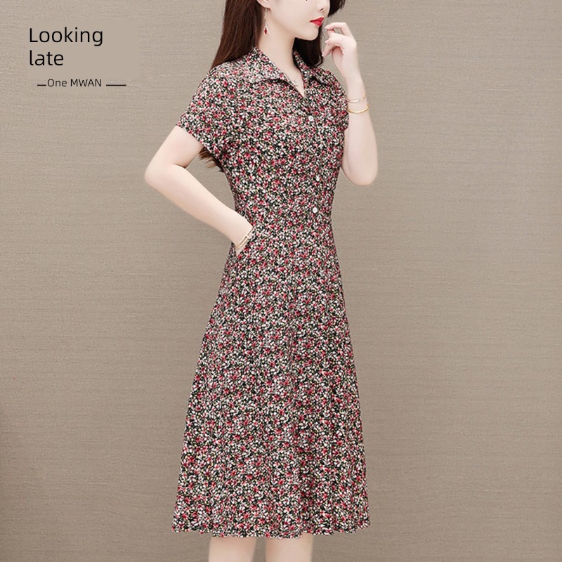 middle age fashion Dress Show thin mom Cover your belly Short sleeve