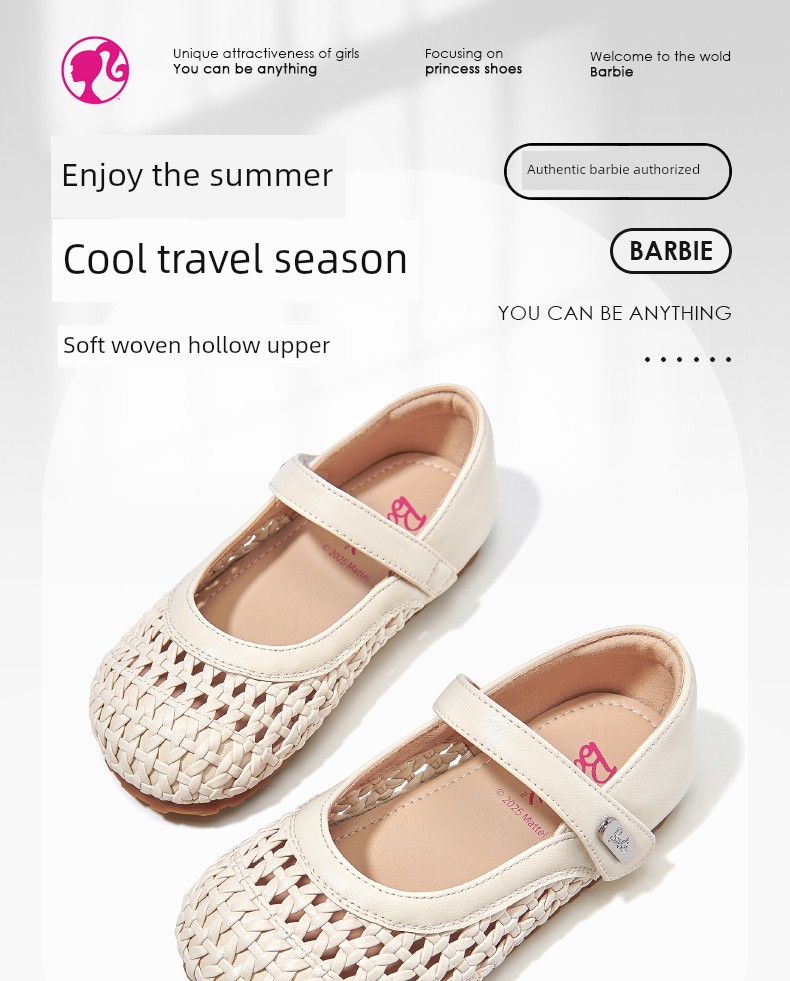 Barbie Children's Shoes, Girls' Shoes, Summer Thin Style 2026 New Leather Shoes, Soft-Soled Single Shoes, Princess Woven Shoes, Kidsren's Sandals — 1